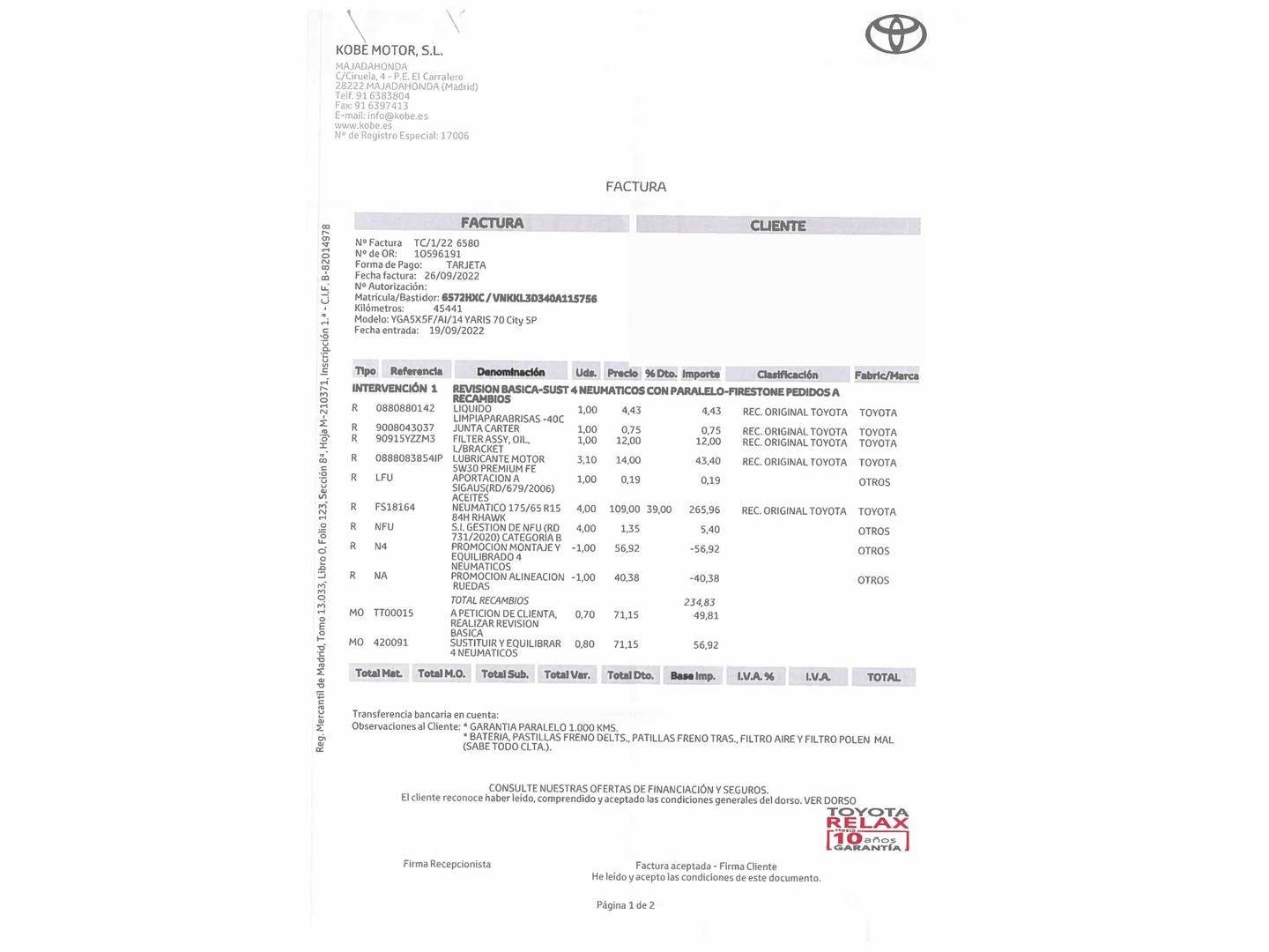 Foto del mantenimiento del Toyota Yaris Toyota Yaris 70 Active (69 CV)