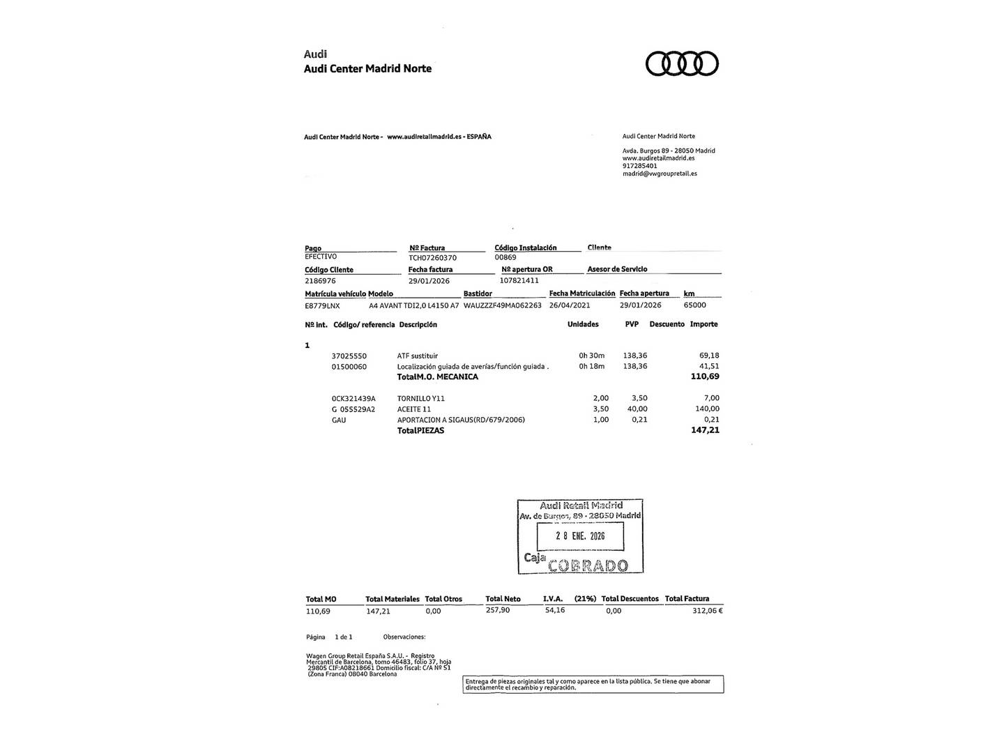 Foto del mantenimiento del Audi A4 Audi A4 Avant Advanced 40 TDI (204 CV) S Tronic