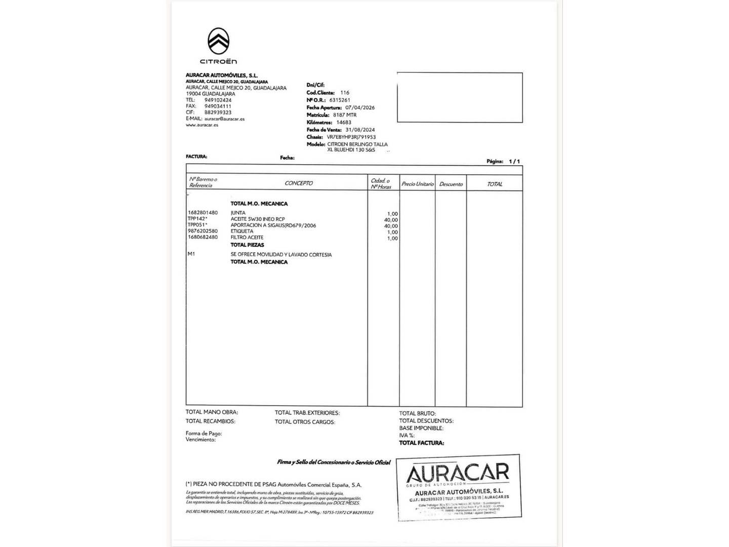 Foto del mantenimiento del Citroën Berlingo Citroën Berlingo BlueHDi 130 S&S Talla XL Max (130 CV) 7 Plazas