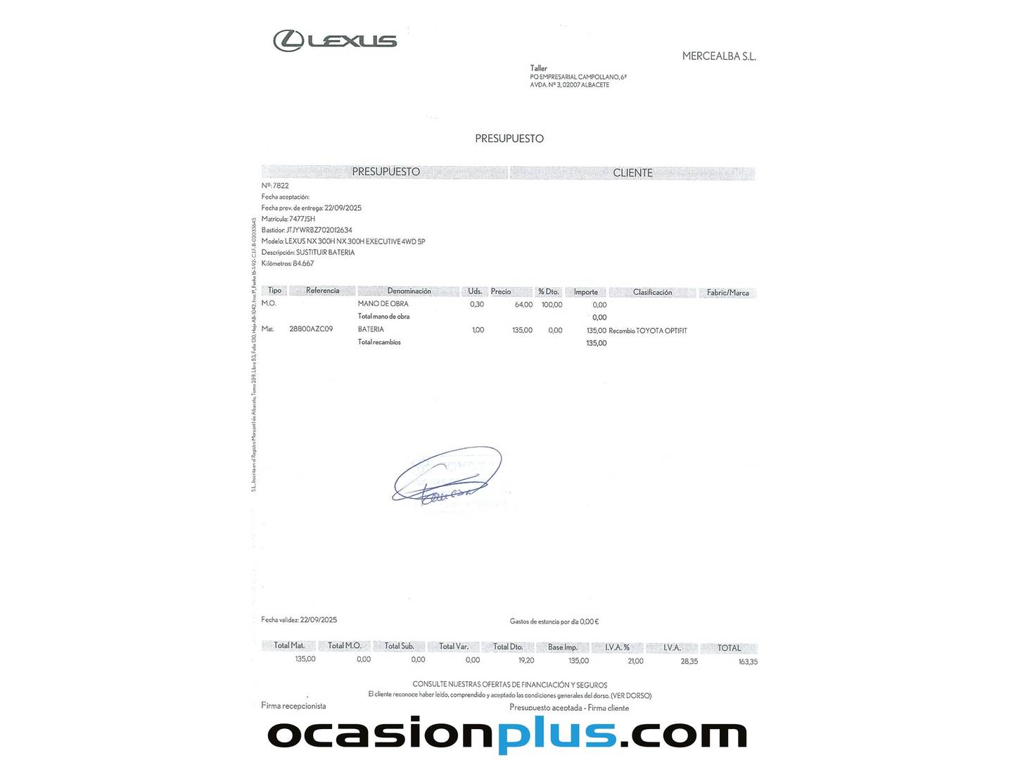 Foto del mantenimiento del Lexus NX Lexus NX 300h Corporate 2WD + Navibox (197 CV)