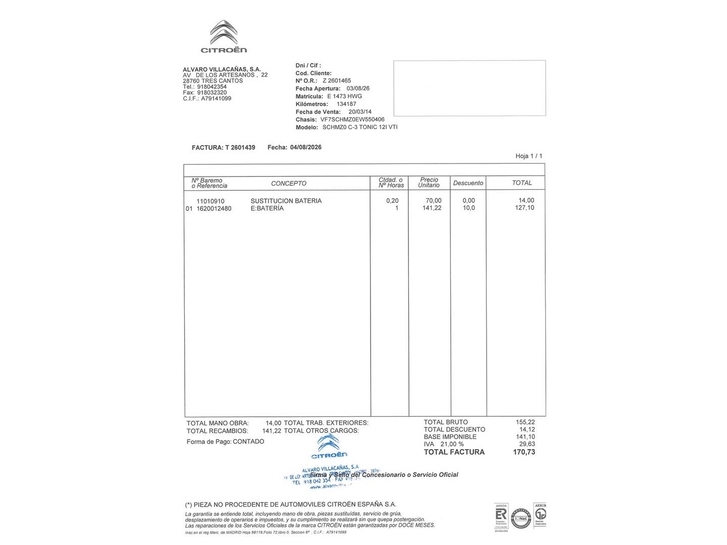 Foto del mantenimiento del Citroën C3 Citroën C3 VTI 82 Collection (82 CV)