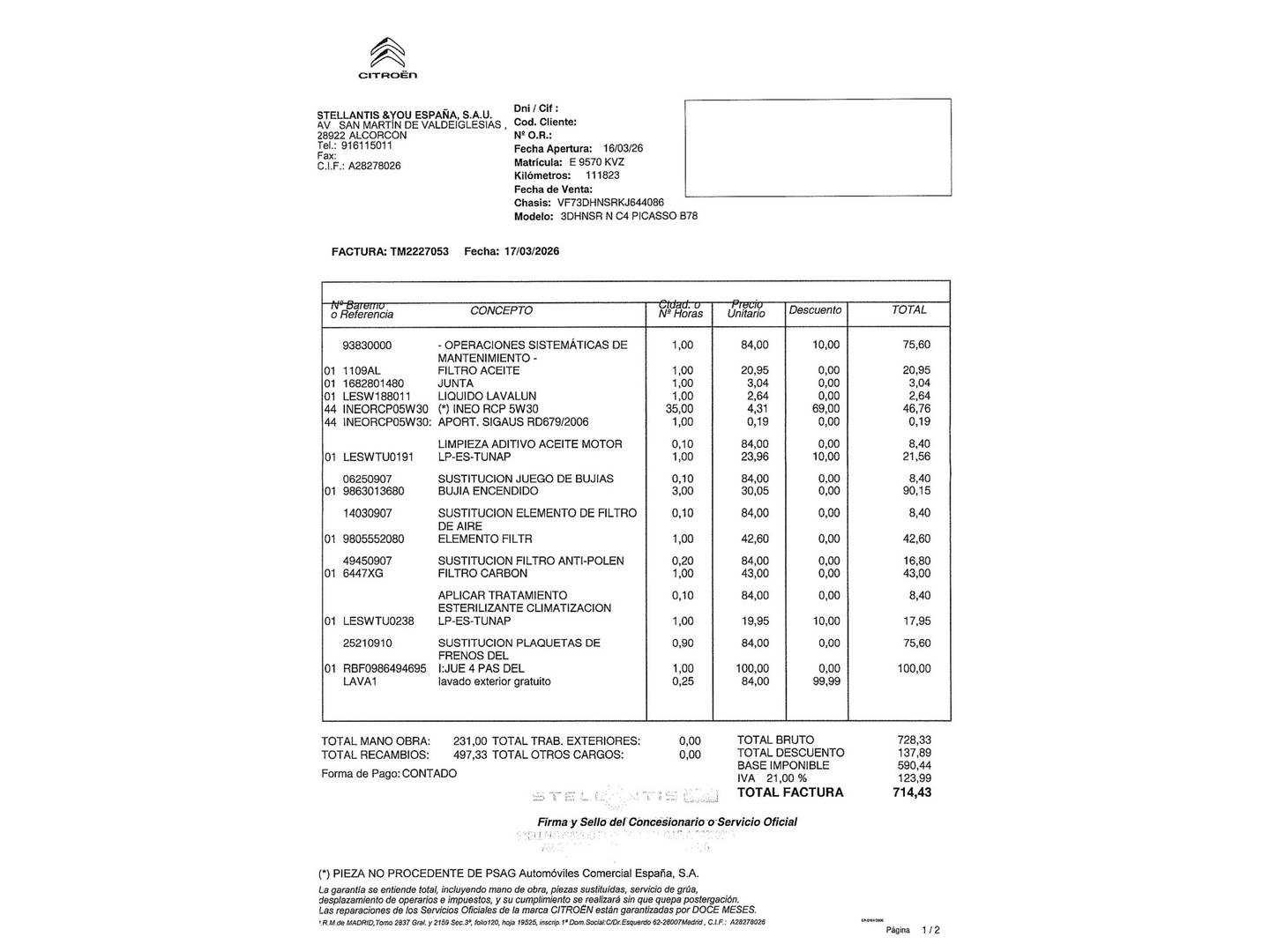 Foto del mantenimiento del Citroën C4 Spacetourer Citroën C4 Spacetourer PureTech 130 S&S Shine EAT8 (130 CV)