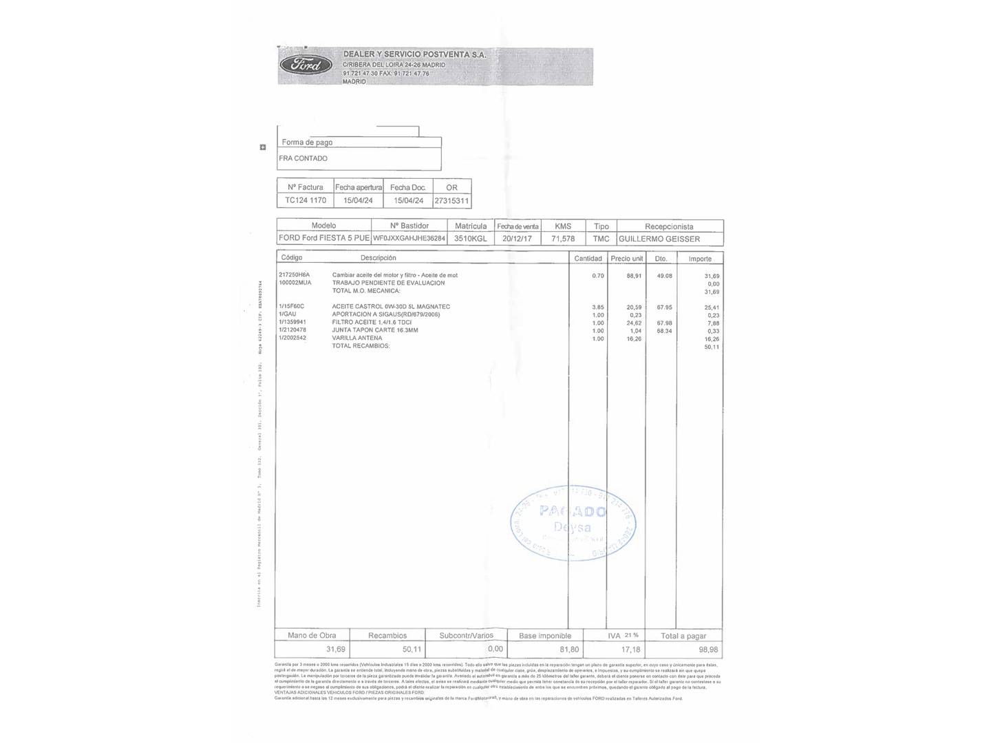 Foto del mantenimiento del Ford Fiesta Ford Fiesta 1.5 TDCI S&S ST-Line (120 CV)