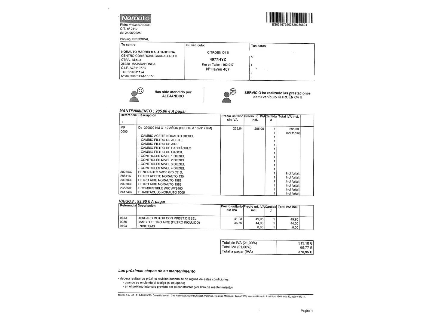Foto del mantenimiento del Citroën C4 Citroën C4 1.6 e-HDI Collection (114 CV)