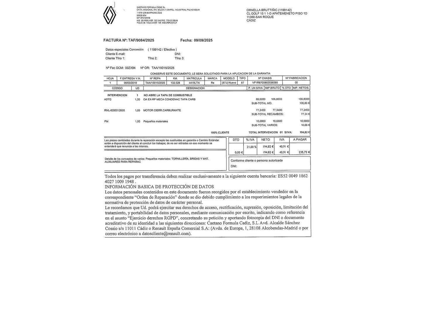 Foto del mantenimiento del Renault Captur Renault Captur Limited dCi  (90 CV)