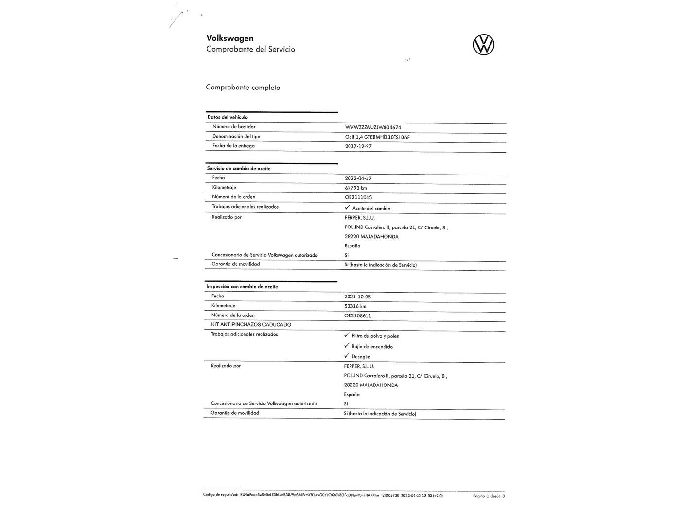 Foto del mantenimiento del Volkswagen Golf Volkswagen Golf GTE 1.4 TSI (245 CV) DSG