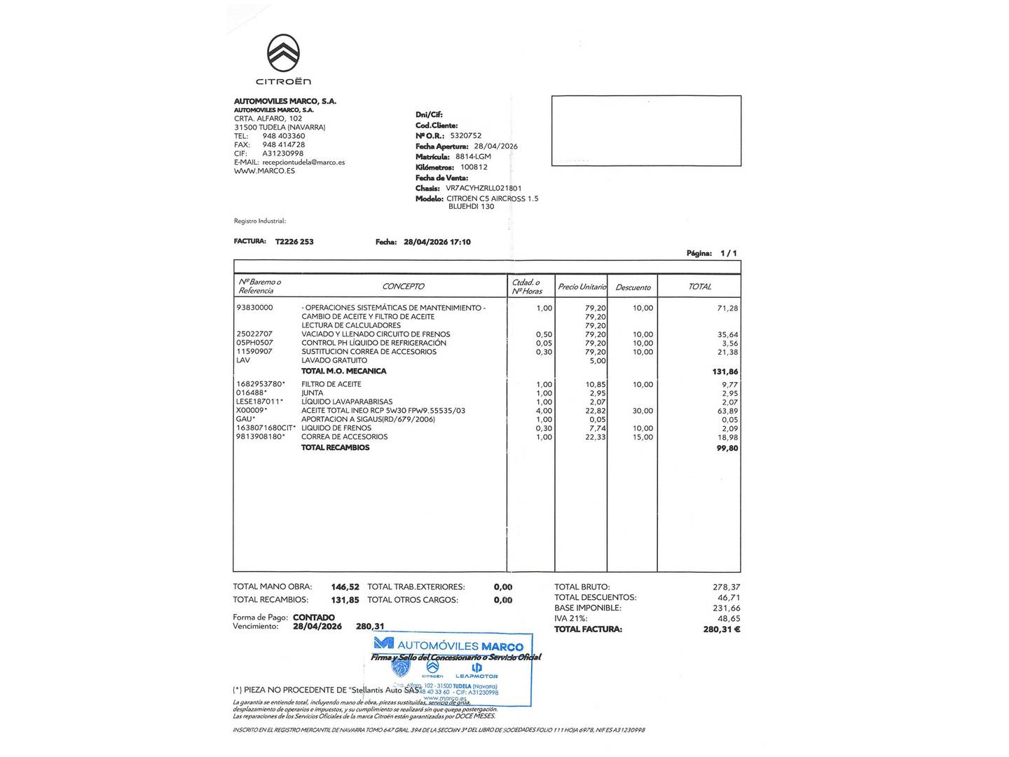 Foto del mantenimiento del Citroën C5 Aircross Citroën C5 Aircross BlueHdi 130 S&S Shine EAT8 (131 CV)
