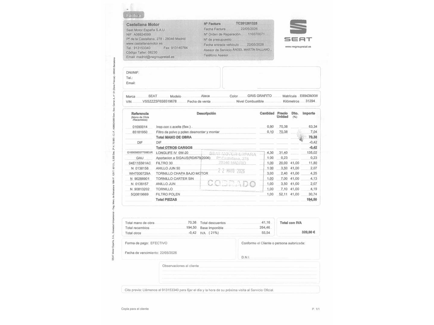 Foto del mantenimiento del Seat Ateca Seat Ateca 1.5 TSI S&S FR Special Edition (150 CV)