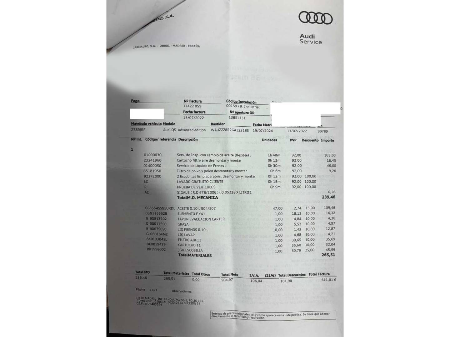 Foto del mantenimiento del Audi Q5 Audi Q5 Advanced edition 2.0 TDI clean diesel quattro (190 CV) S tronic