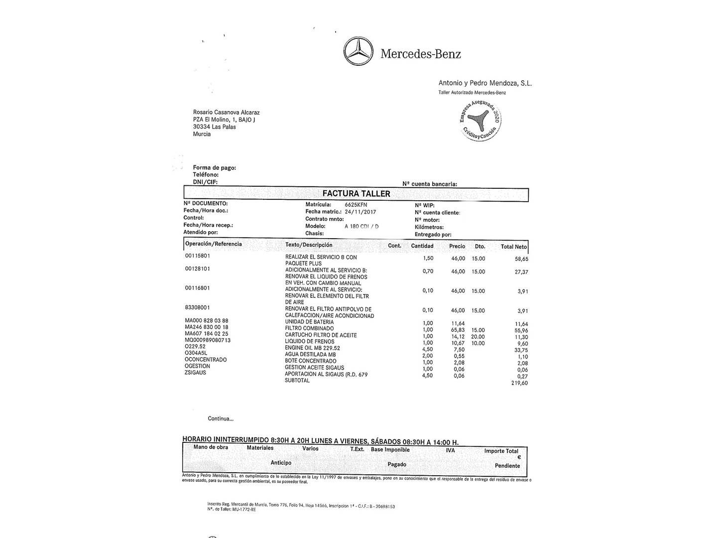 Foto del mantenimiento del Mercedes Clase A Mercedes Clase A 180 d (109 CV) PACK AMG