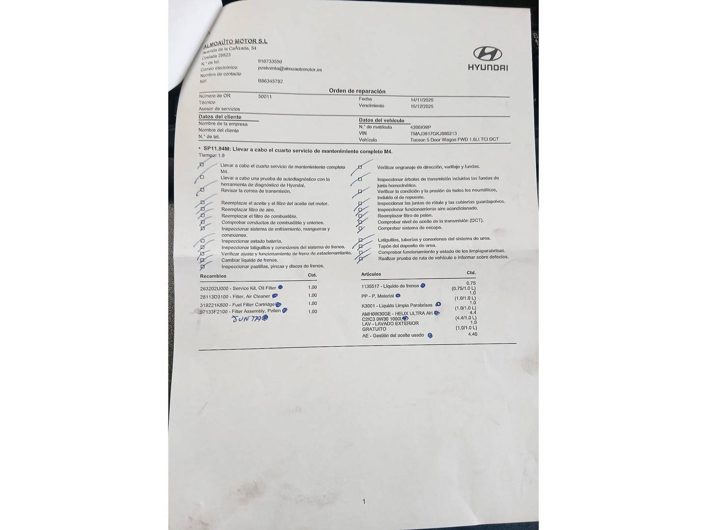 Foto del mantenimiento del Hyundai Tucson Hyundai Tucson 1.6 CRDI 48V N-Line DT 4X2 (136 CV)