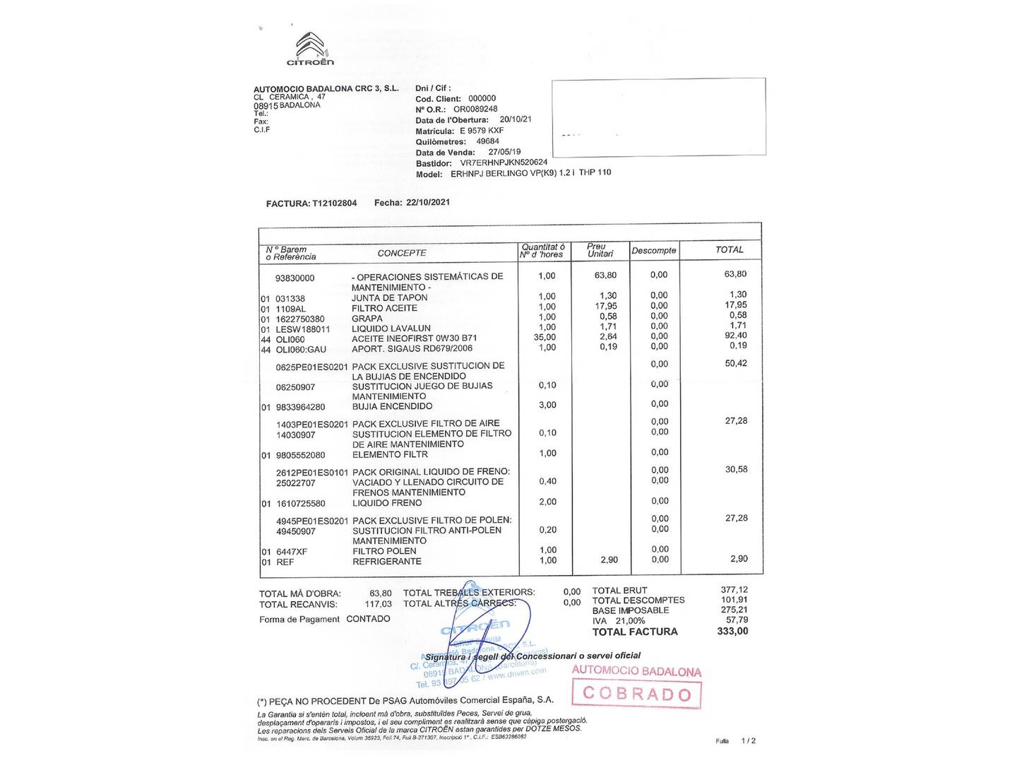 Foto del mantenimiento del Citroën Berlingo Citroën Berlingo Combi PureTech 110 S&S Talla M Feel (110 CV) Semi-camperizada