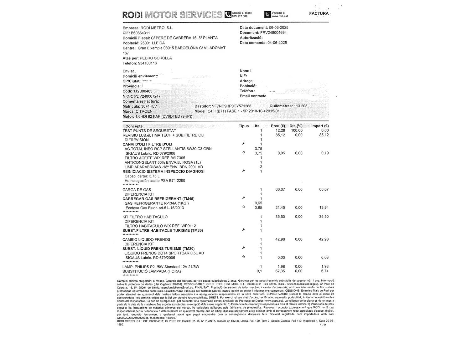 Foto del mantenimiento del Citroën C4 Citroën C4 1.6 HDI Tonic  (92 CV)