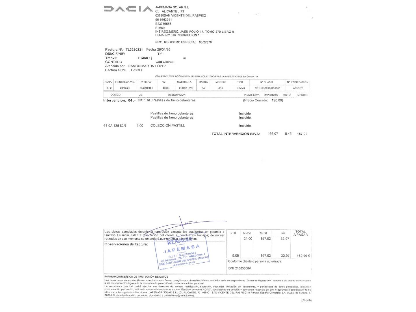 Foto del mantenimiento del Dacia Duster Dacia Duster Prestige TCE (150 CV) EDC