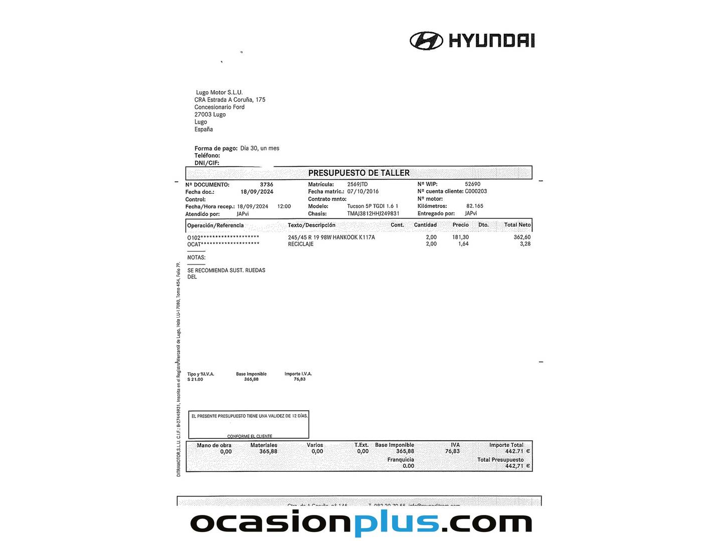 Foto del mantenimiento del Hyundai Tucson Hyundai Tucson 1.6 TGDi Style 4x4 DT (176 CV)