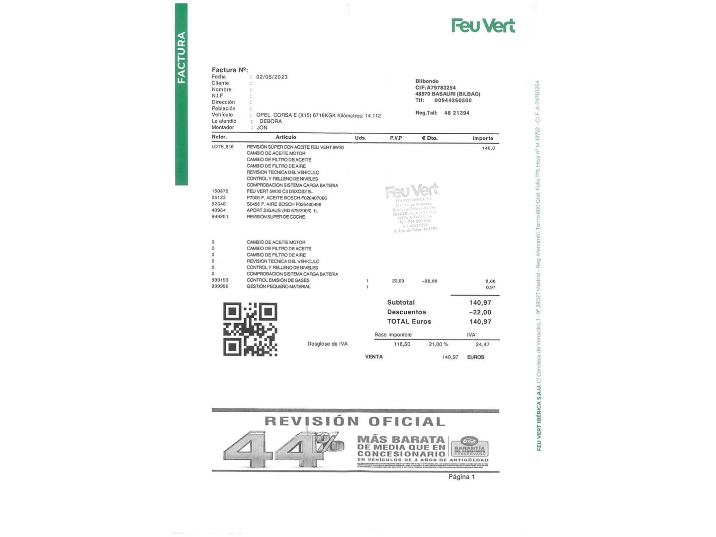 Foto del mantenimiento del Opel Corsa Opel Corsa 1.4 Selective (90 CV)