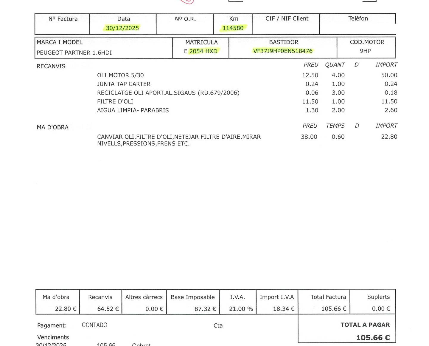 Foto del mantenimiento del Peugeot Partner Peugeot Partner Tepee Tepee Combi 1.6 HDI Active (92 CV)