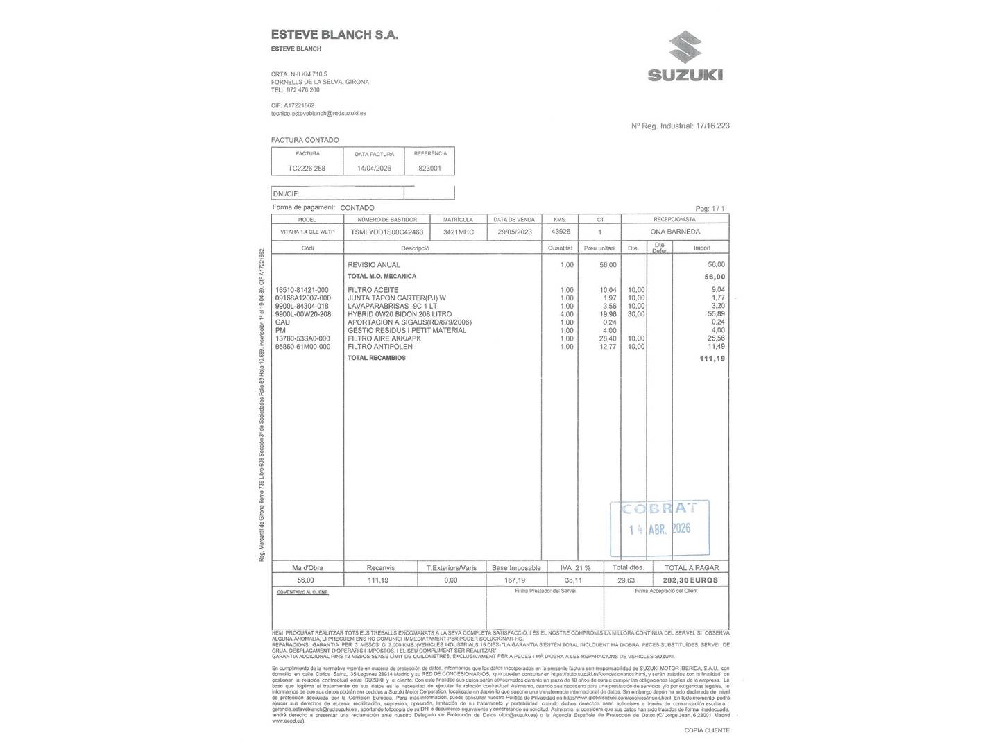 Foto del mantenimiento del Suzuki Vitara Suzuki Vitara 1.4 T Mild Hybrid GLE (129 CV)