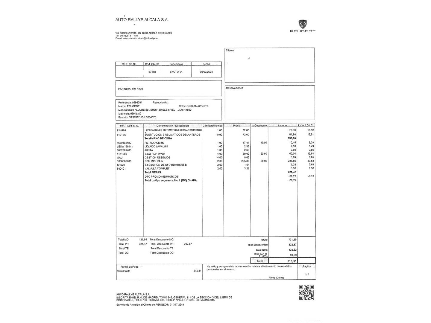 Foto del mantenimiento del Peugeot 3008 Peugeot 3008 BlueHDI 130 S&S Allure (130 CV)