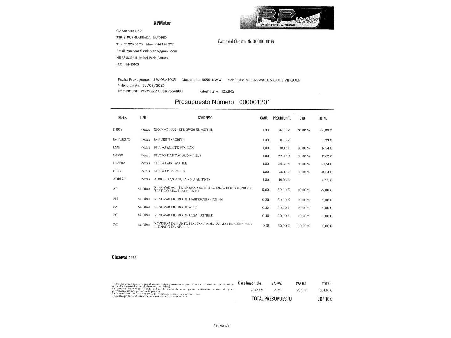 Foto del mantenimiento del Volkswagen Golf Volkswagen Golf Variant Business & Navi 1.6 TDI  (115 CV)
