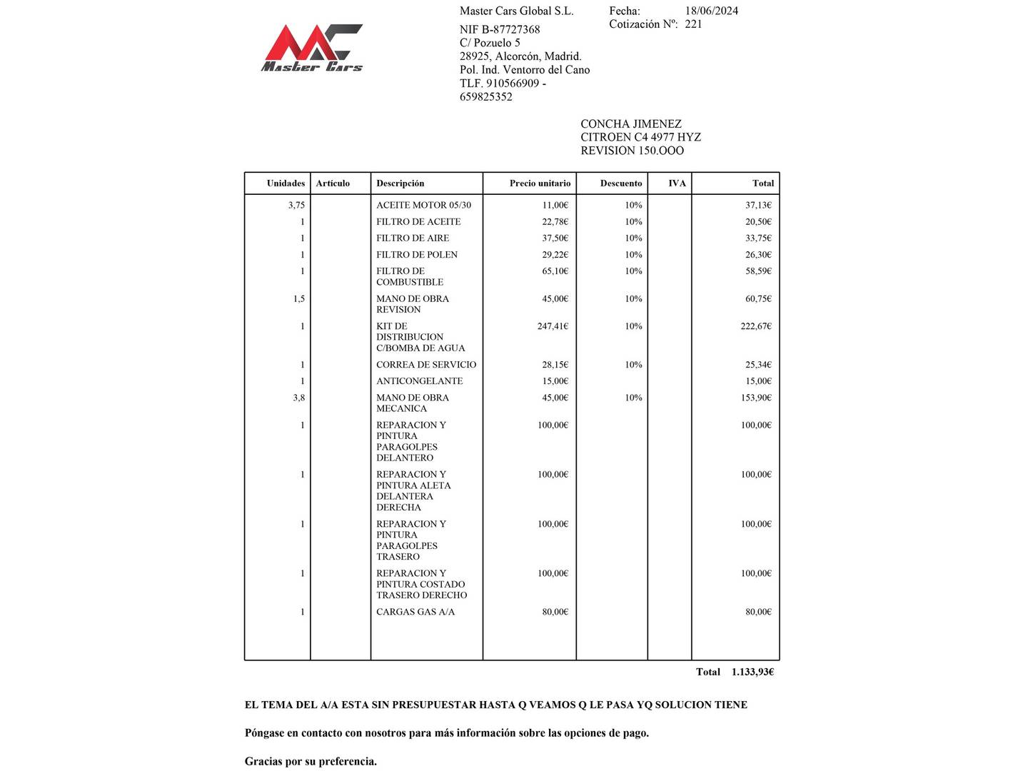 Foto del mantenimiento del Citroën C4 Citroën C4 1.6 e-HDI Collection (114 CV)
