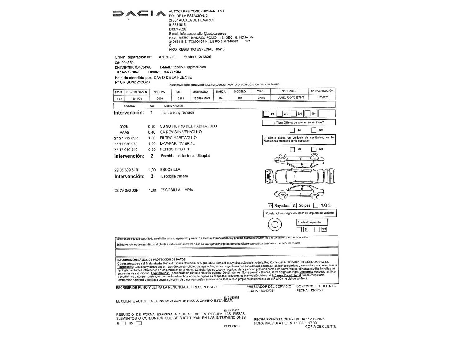 Foto del mantenimiento del Dacia Sandero Dacia Sandero Stepway Extreme Go TCe CVT (91 CV)