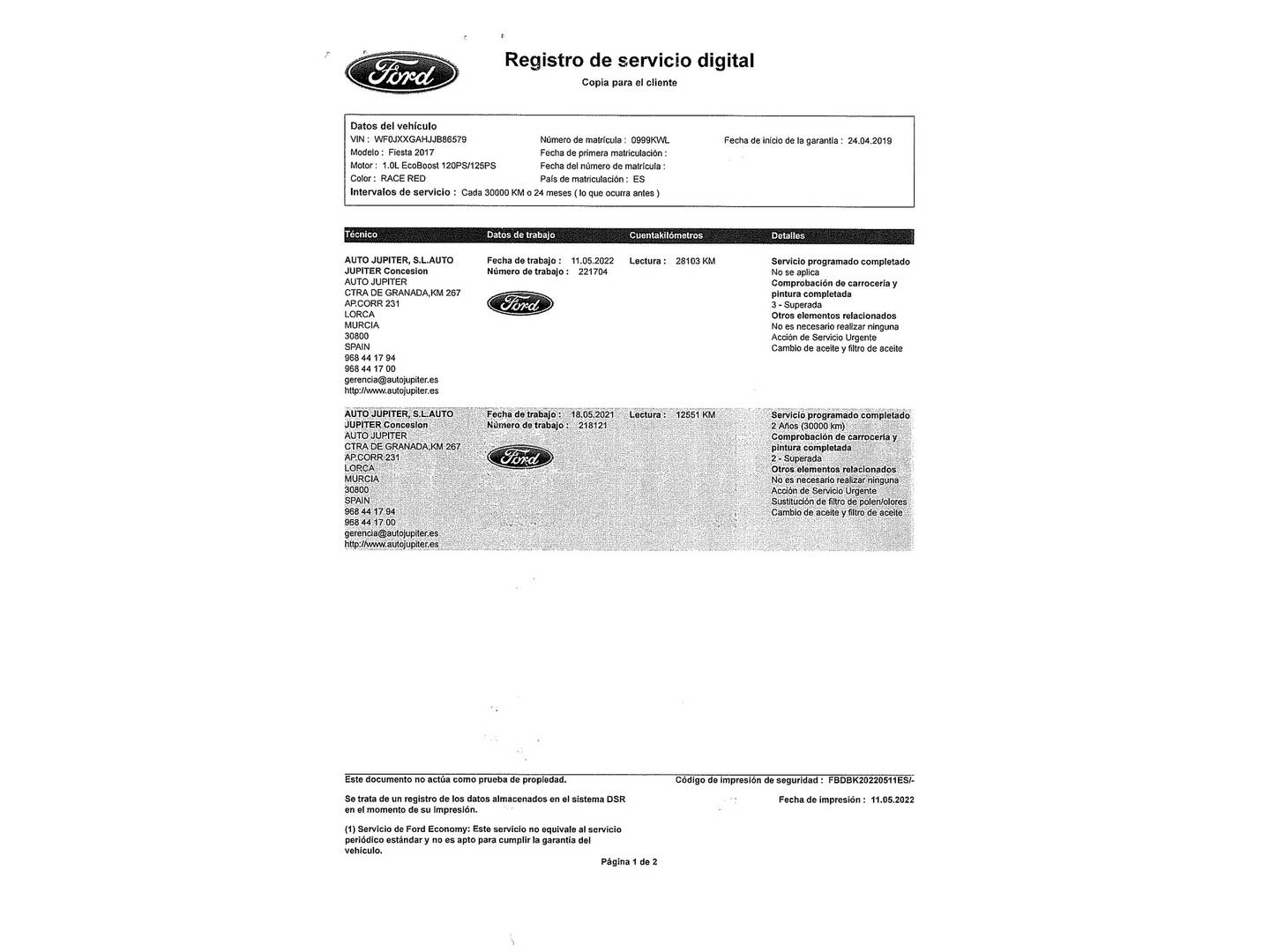 Foto del mantenimiento del Ford Fiesta Ford Fiesta 1.0 EcoBoost S&S ST-Line (125 CV)