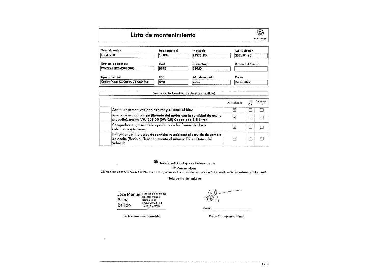 Foto del mantenimiento del Volkswagen Caddy Volkswagen Caddy Maxi Origin 2.0 TDI (102 CV) 7 Plazas