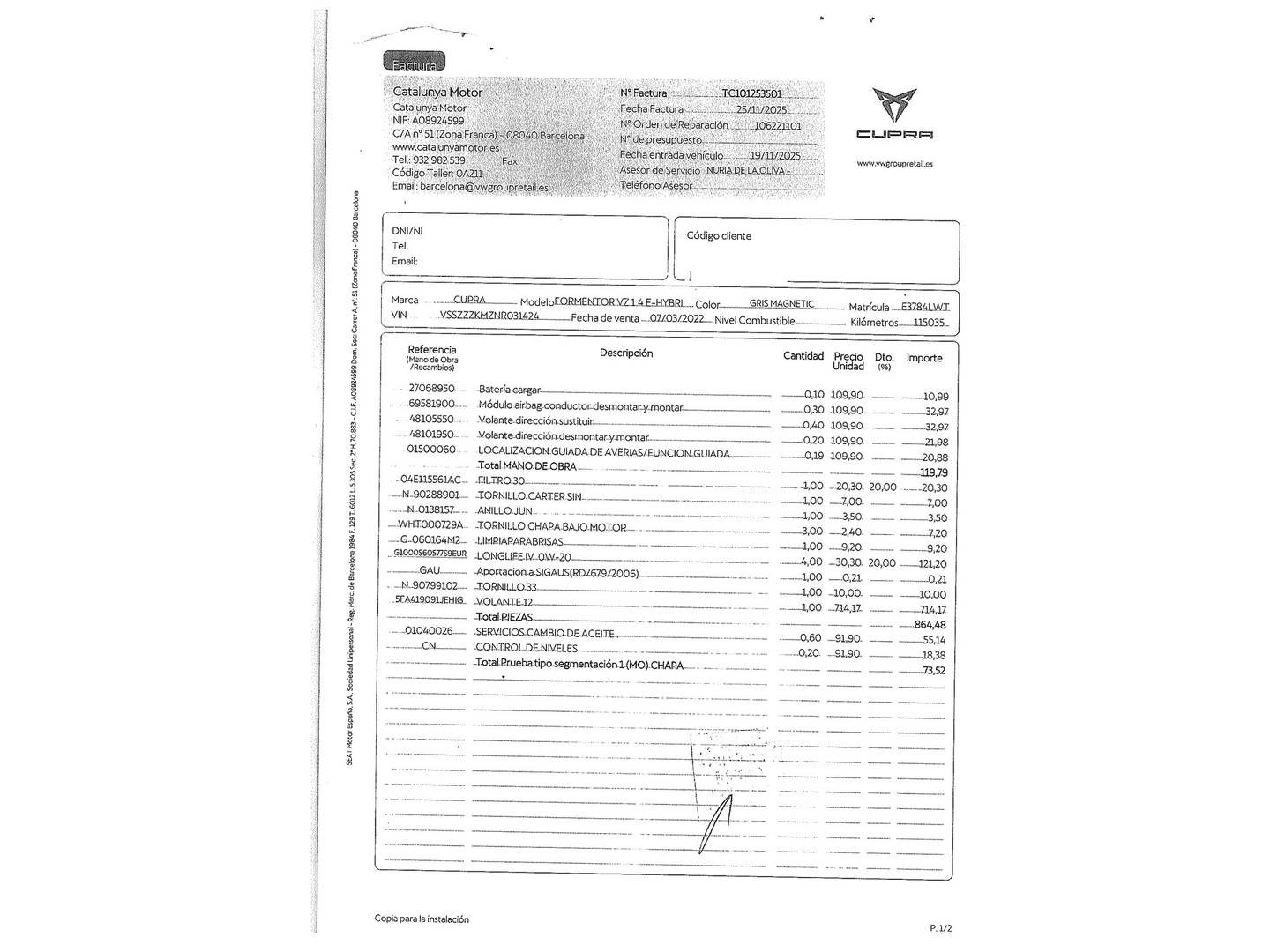 Foto del mantenimiento del Cupra Formentor CUPRA Formentor 1.4 e-Hybrid VZ DSG (245 CV)
