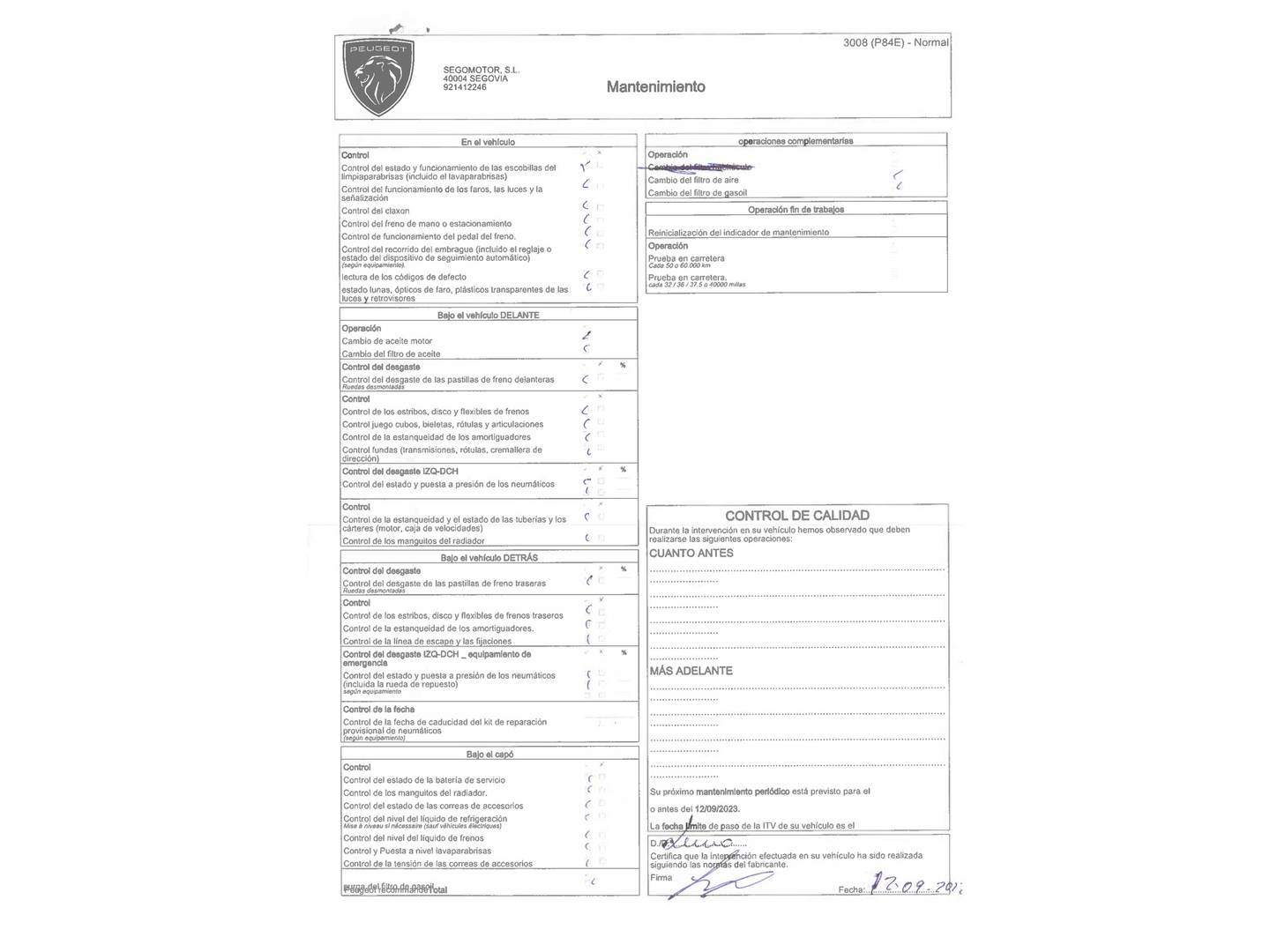 Foto del mantenimiento del Peugeot 3008 Peugeot 3008 BlueHDI 130 S&S Allure (130 CV)