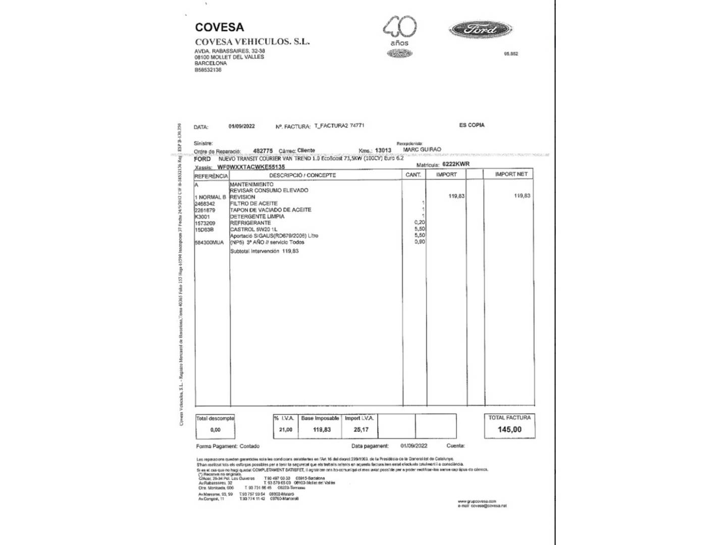 Foto del mantenimiento del Ford Transit Courier Ford Transit Courier Furgon 1.0 EcoBoost Trend (100 CV)