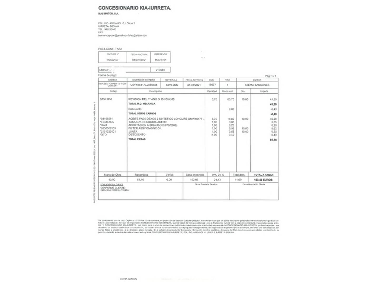Foto del mantenimiento del KIA Ceed Tourer Kia Ceed Tourer 1.0 T-GDi Concept (120 CV)