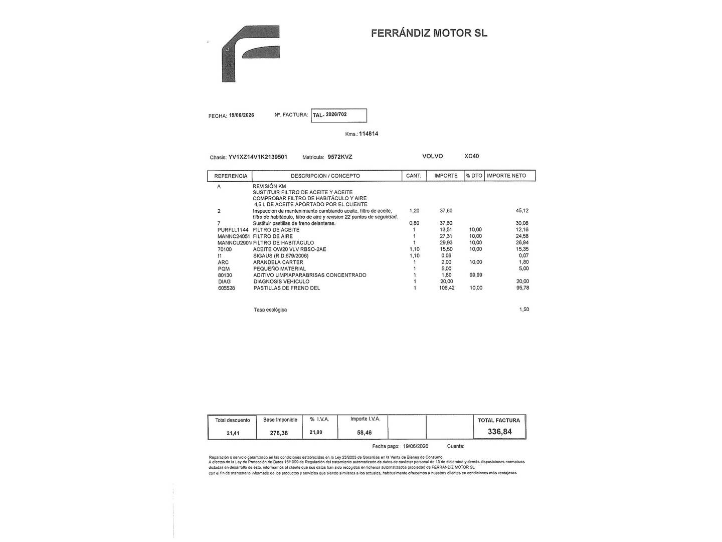 Foto del mantenimiento del Volvo XC40 Volvo XC40 T3 Momentum (156 CV)