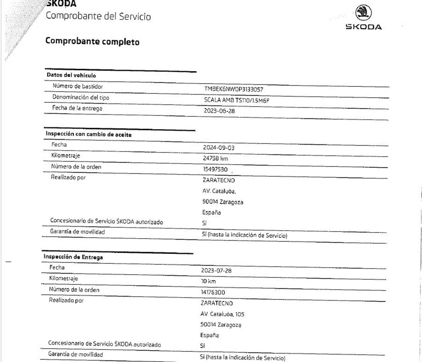 Foto del mantenimiento del Skoda Scala Skoda Scala 1.5 TSI Ambition (150 CV)