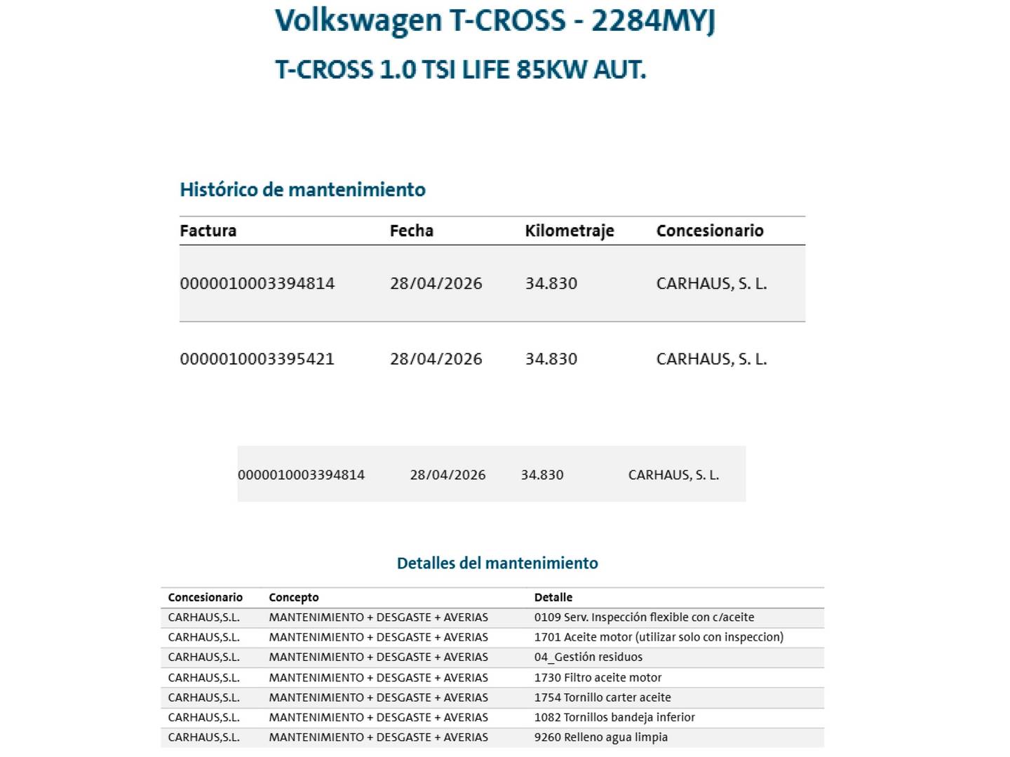 Foto del mantenimiento del Volkswagen T-Cross Volkswagen T-Cross Life 1.0 TSI (116 CV) DSG