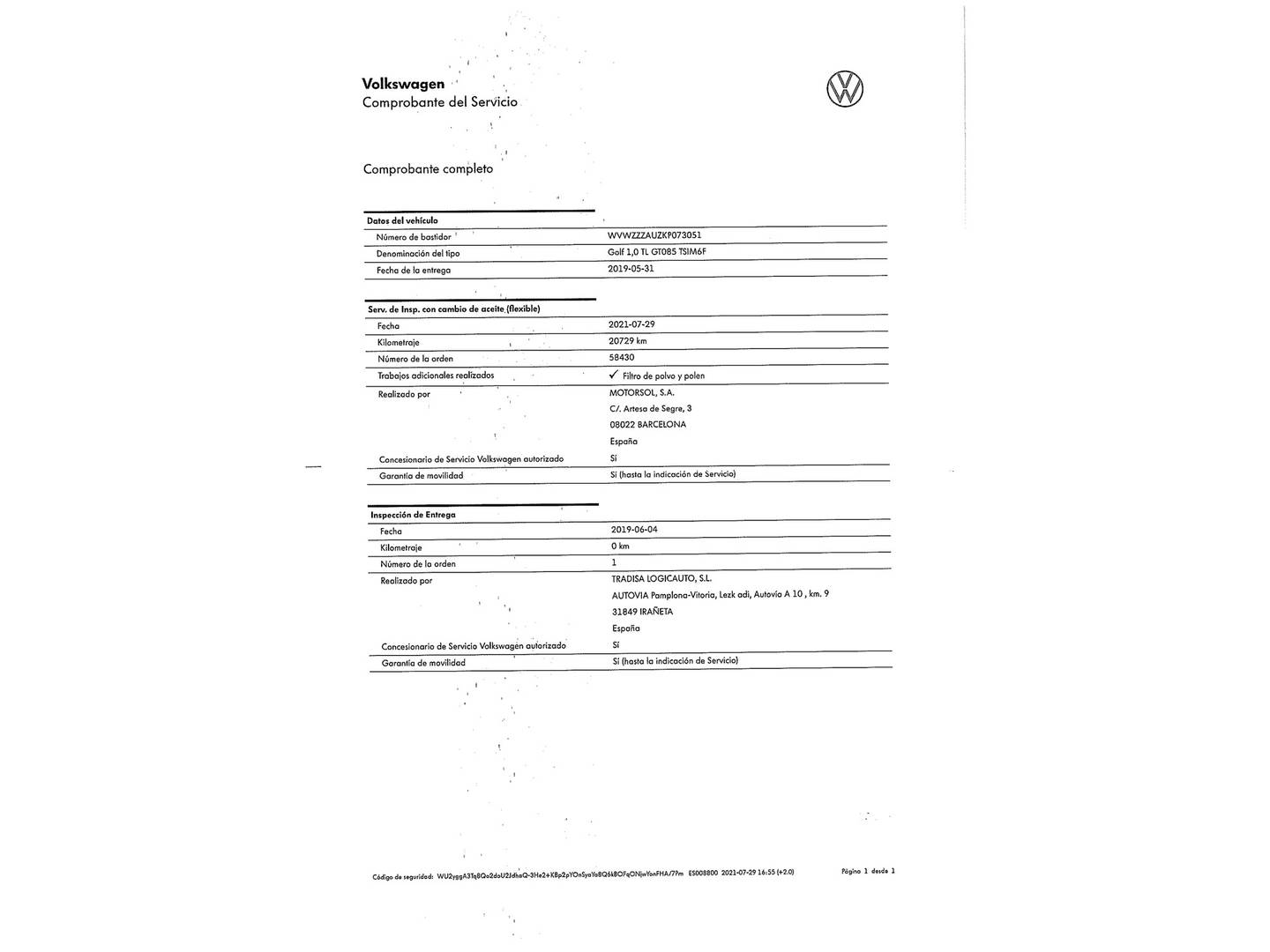 Foto del mantenimiento del Volkswagen Golf Volkswagen Golf Ready2Go 1.0 TSI (115 CV)