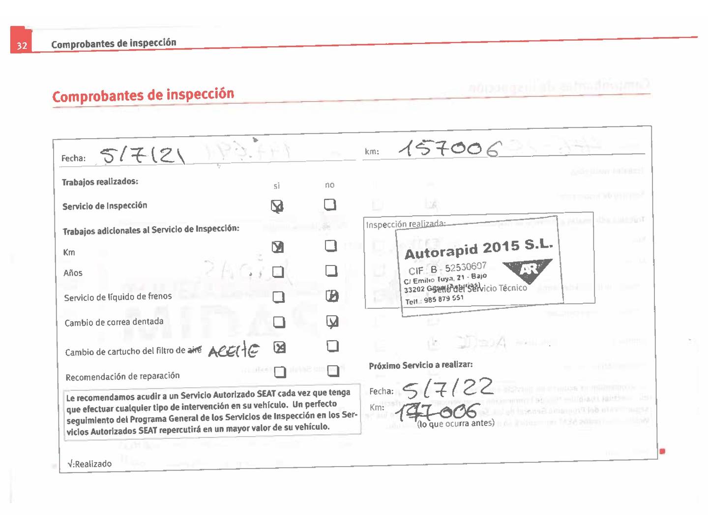 Foto del mantenimiento del Seat Altea Seat Altea 1.4 TSI Style (125 CV)