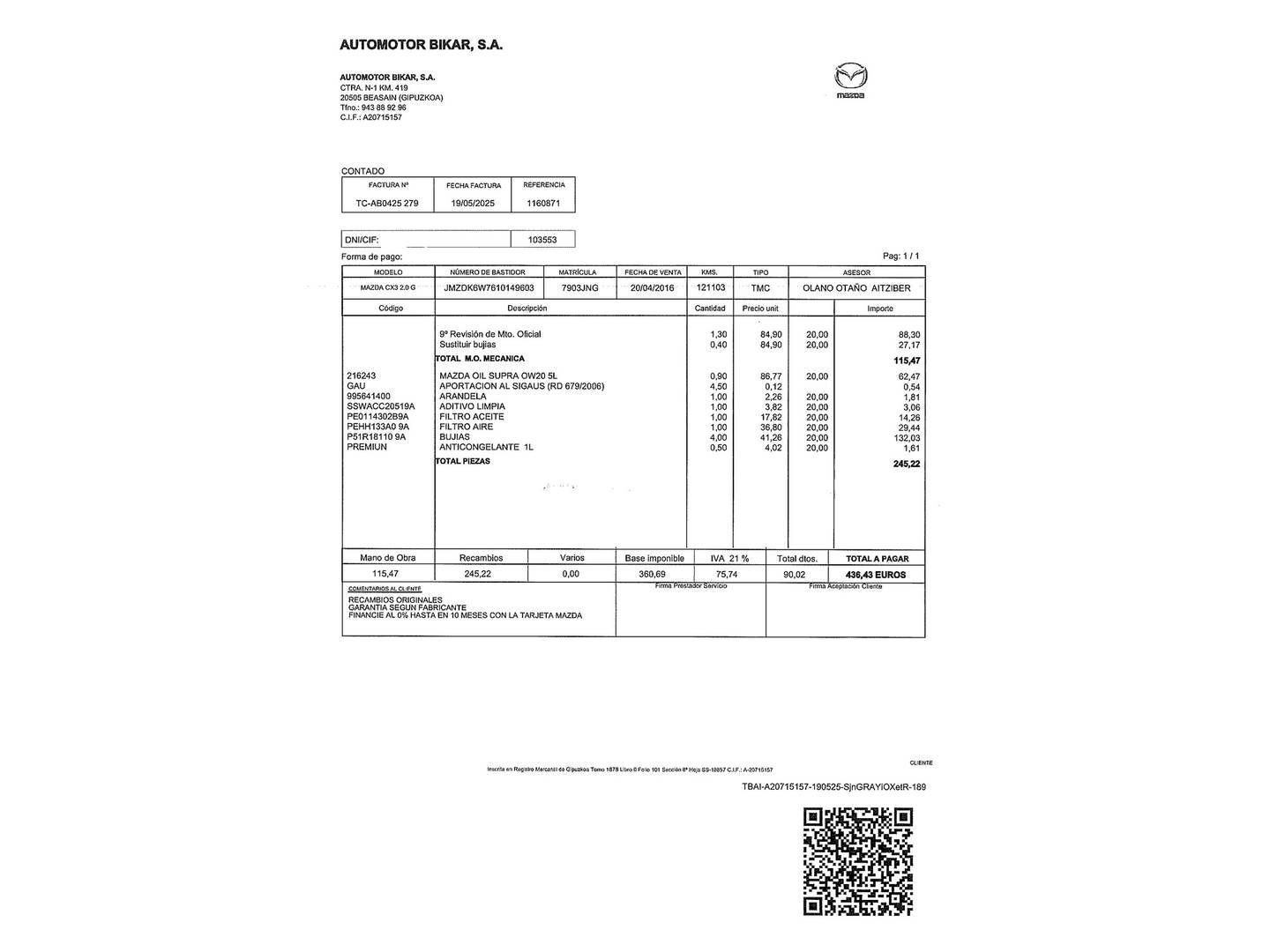 Foto del mantenimiento del Mazda CX-3 Mazda CX-3 2.0 SKYACTIV GE Style+ Nav 2WD (120 CV)