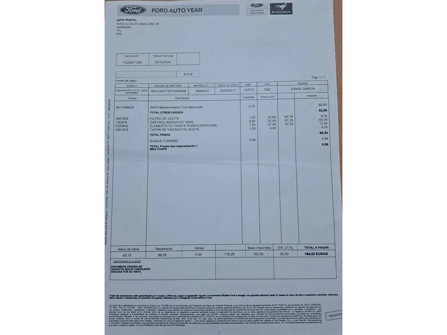 Foto del mantenimiento del Ford Transit Custom Ford Transit Custom Furgon 2.0 TDCI 270 L1 Trend (130 CV)