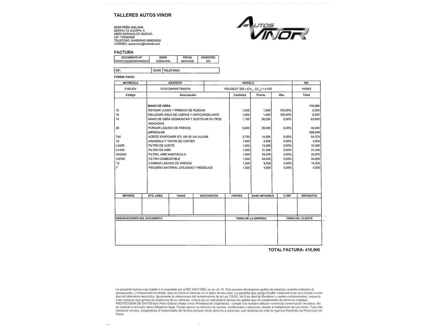 Foto del mantenimiento del Peugeot 208 Peugeot 208 1.4 HDi Business Line (68 CV)