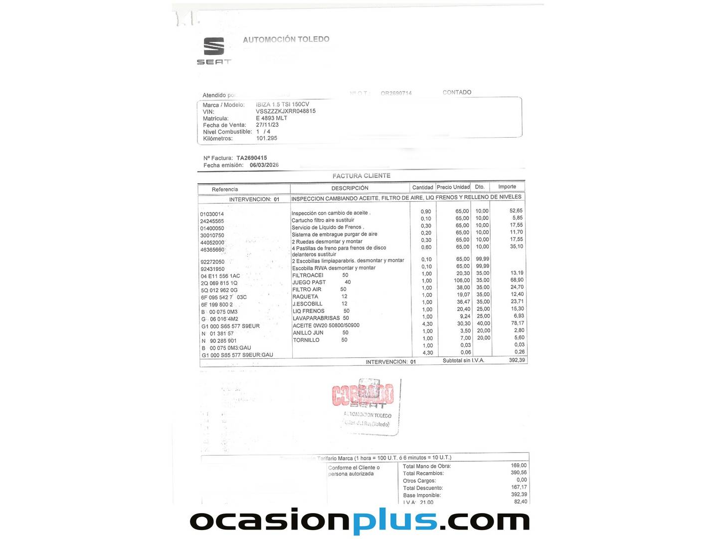 Foto del mantenimiento del Seat Ibiza Seat Ibiza 1.5 TSI FR XL DSG (150 CV)