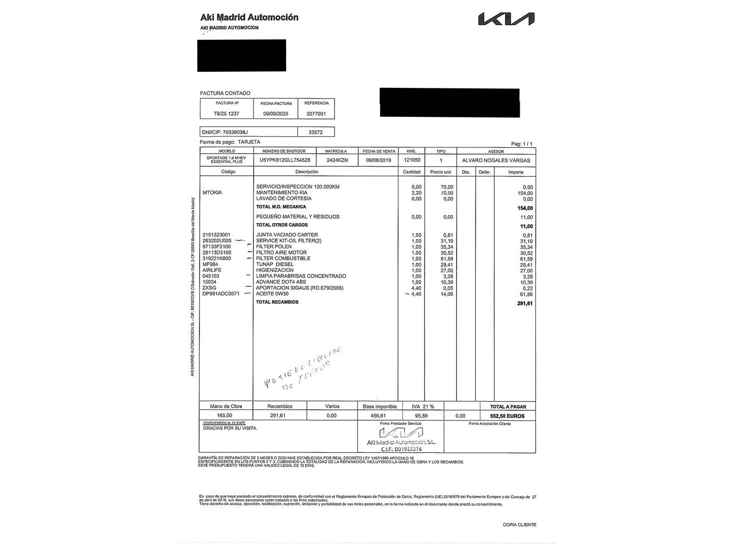 Foto del mantenimiento del KIA Sportage Kia Sportage 1.6 MHEV GT Line Essential 4x2 DCT (136 CV)