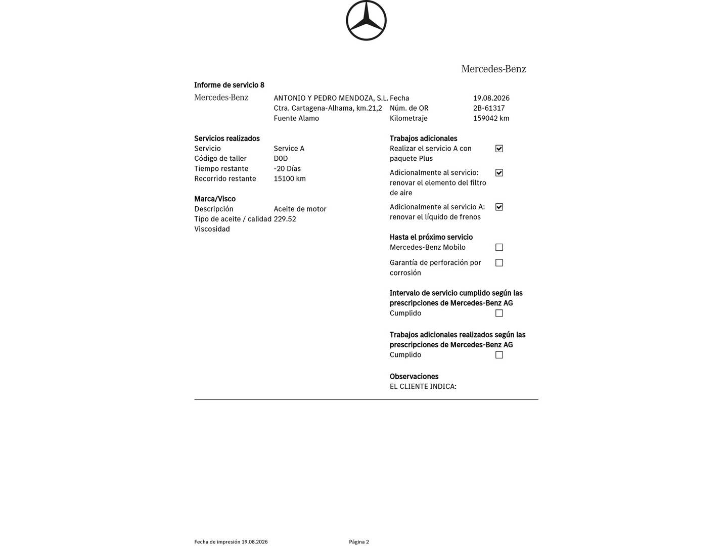 Foto del mantenimiento del Mercedes Clase A Mercedes Clase A 200 d (136 CV) PACK AMG