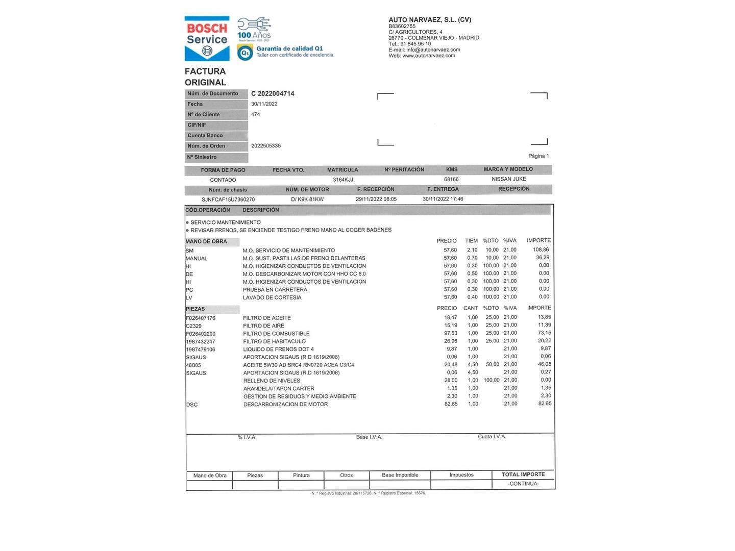 Foto del mantenimiento del Nissan JUKE Nissan Juke dCi 110 N-Connecta 4x2 (110 CV)