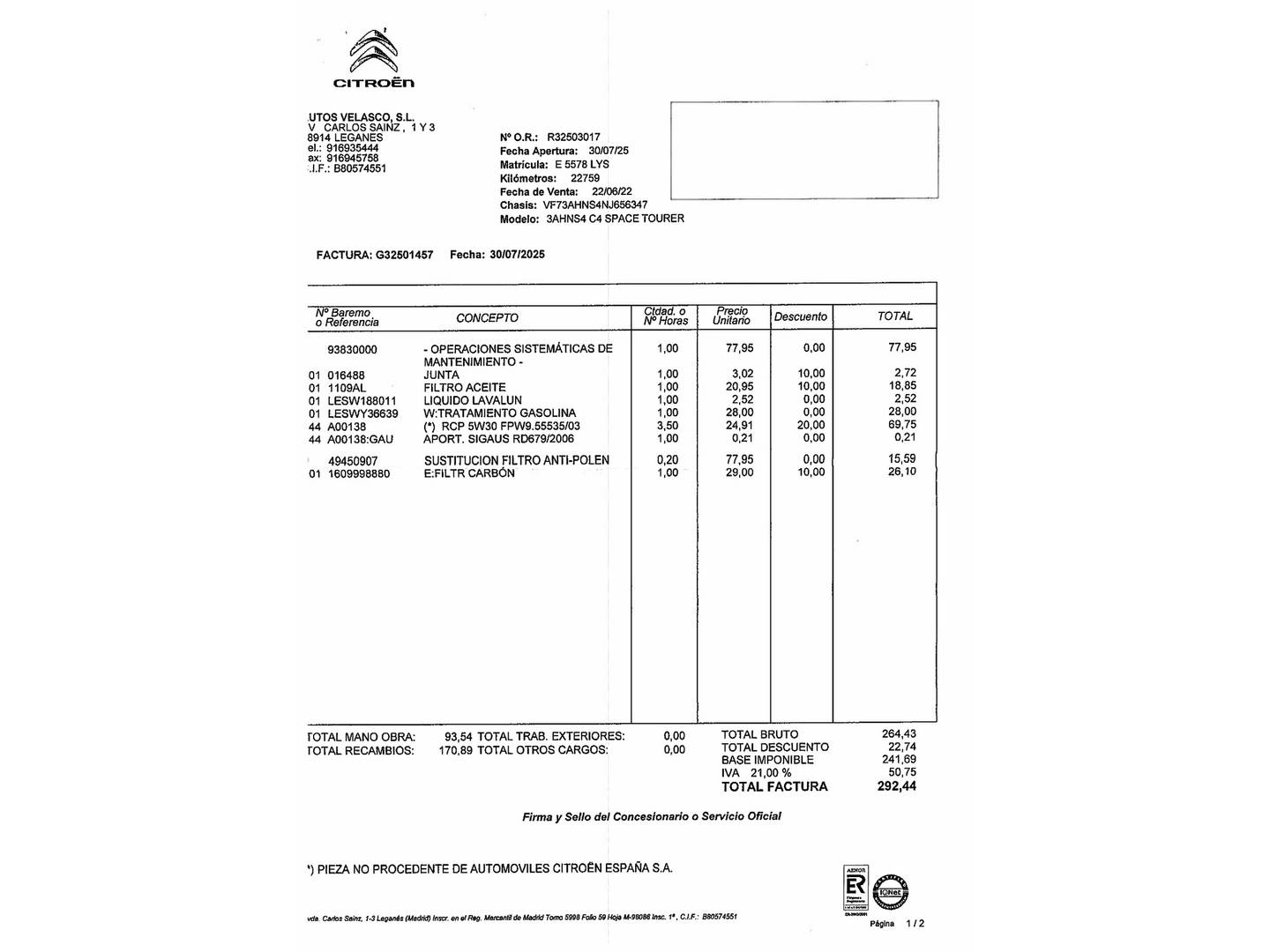 Foto del mantenimiento del Citroën Grand C4 Spacetourer Citroen Grand C4 Spacetourer Citroen PureTech 130 S&S Shine Pack EAT8 (130 CV) 7 Plazas