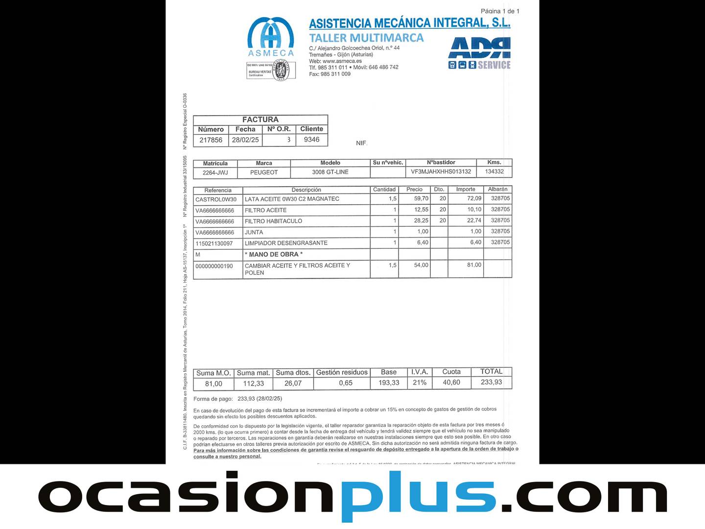 Foto del mantenimiento del Peugeot 3008 Peugeot 3008 BlueHDi 150 S&S GT Line (150 CV)