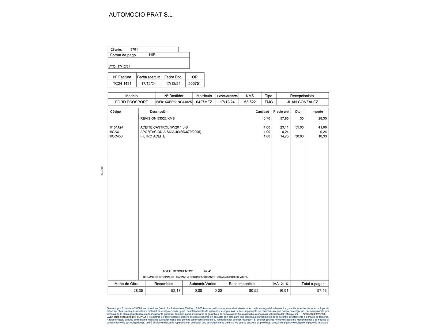 Foto del mantenimiento del Ford EcoSport Ford EcoSport 1.0T EcoBoost S&S ST Line (125 CV)