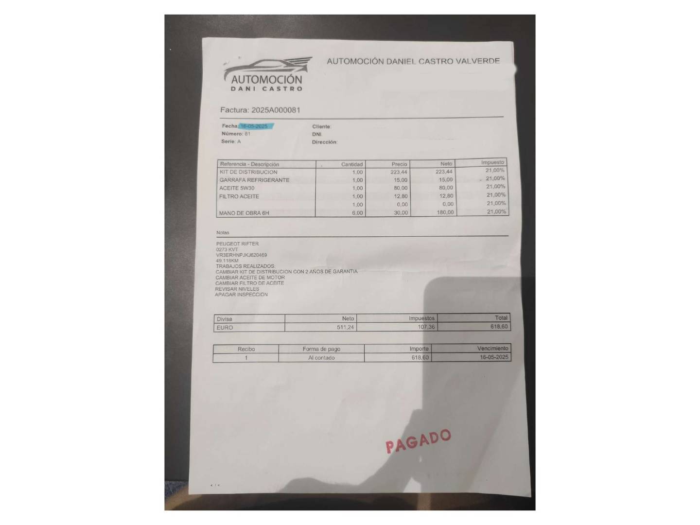 Foto del mantenimiento del Peugeot Rifter Peugeot Rifter PureTech 110 Active Standard (110 CV)