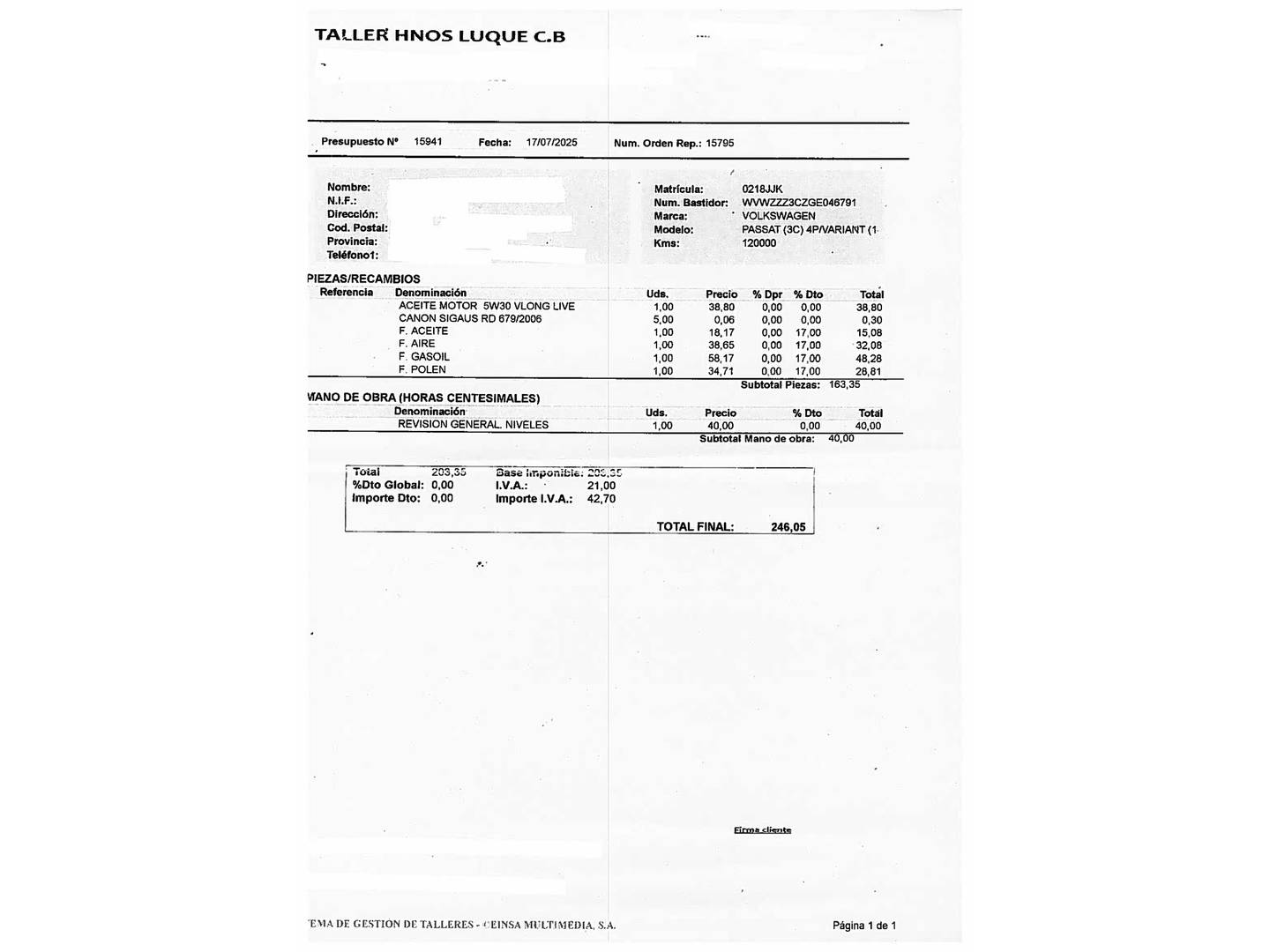 Foto del mantenimiento del Volkswagen Passat Variant Volkswagen Passat Variant Sport 2.0 TDI BMT (150 CV)
