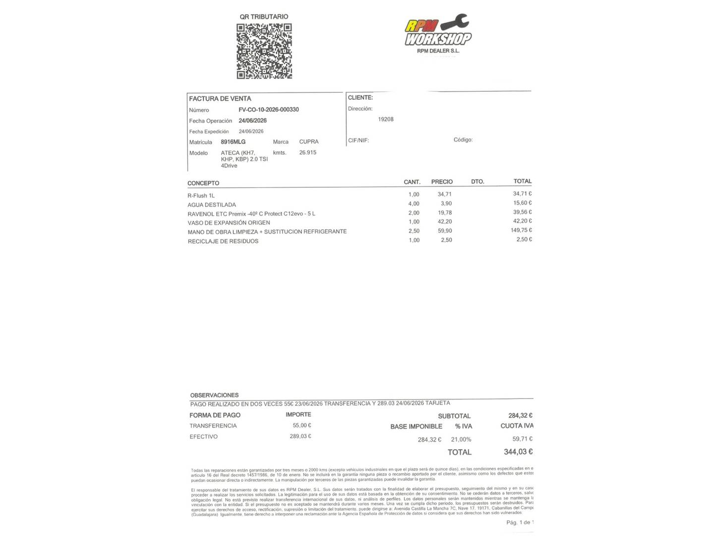 Foto del mantenimiento del Cupra Ateca Cupra Ateca 2.0 TSI 4Drive DSG (190 CV)